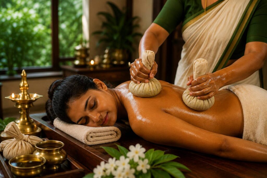 Authentic Kerala Kizhi Therapy at Vedakshethra Kerala Ayurvedic Treatment Centre in Bellandur and Madiwala, Bangalore for joint pain, muscle stiffness, arthritis, stress relief, and holistic wellness.