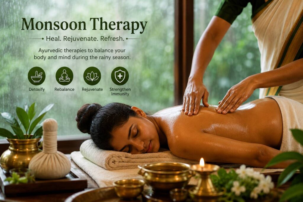 Authentic Kerala Monsoon Ayurvedic therapy at Vedakshethra Kerala Ayurvedic Treatment Centre in Bellandur and Madiwala, Bangalore offering Abhyanga massage, Panchakarma, detoxification, rejuvenation, pain relief and immunity-boosting Ayurvedic treatments.