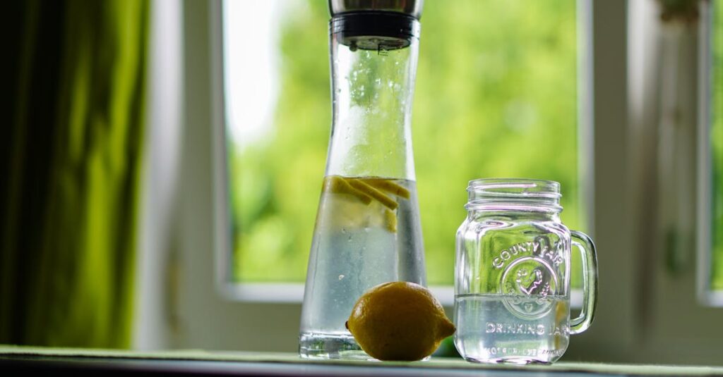 Lemon-infused water in a glass carafe and mason jar on a windowsill, evoking freshness.